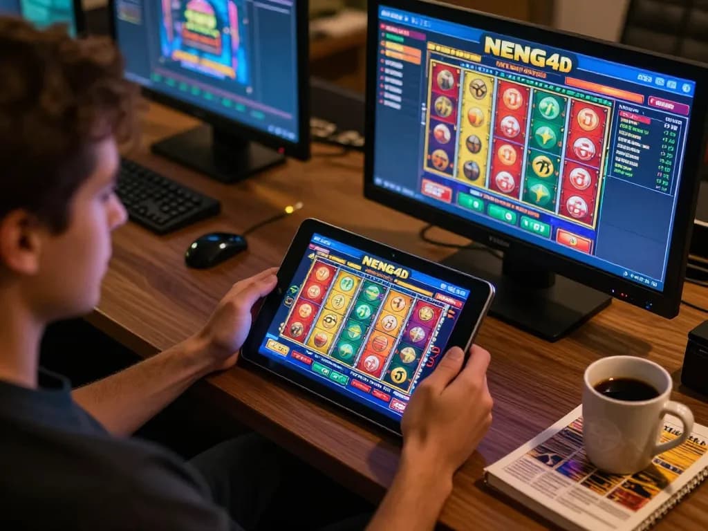 NENG4D player engaging with colorful slot games on tablet during a cozy home gaming session.