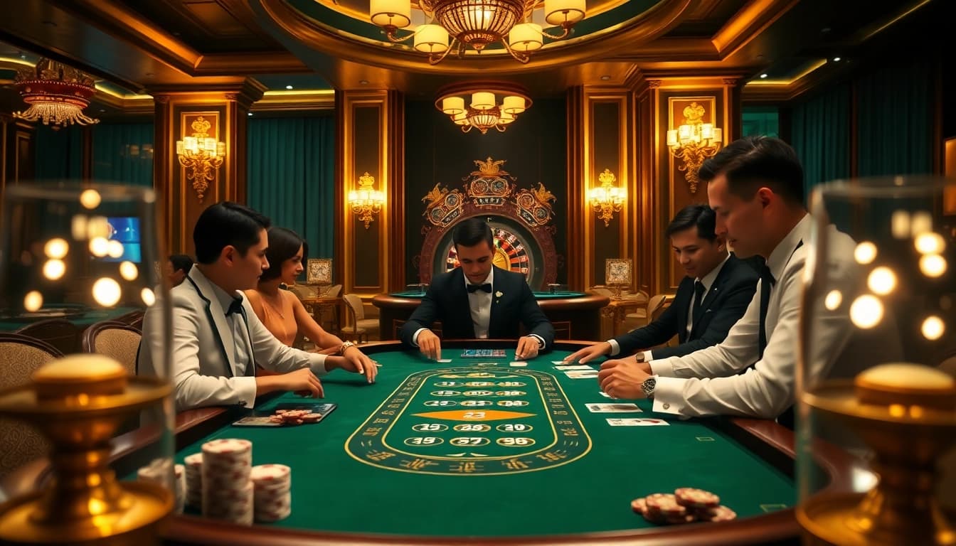 Exciting poker game at the 78WIN casino, showcasing luxurious decor and competitive play.