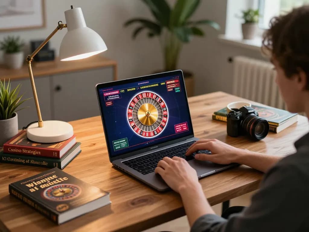 Casino enthusiast playing roulette online, engaging with interactive gaming interface in a cozy workspace
