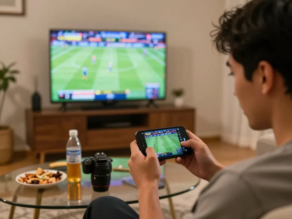 Excited player using smartphone for ku win sports betting during a live game.