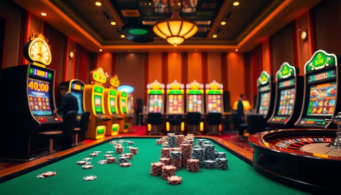 A lively online casino scene showcasing gaming excitement at https://goal123q.com/ with vibrant tables and slot machines.
