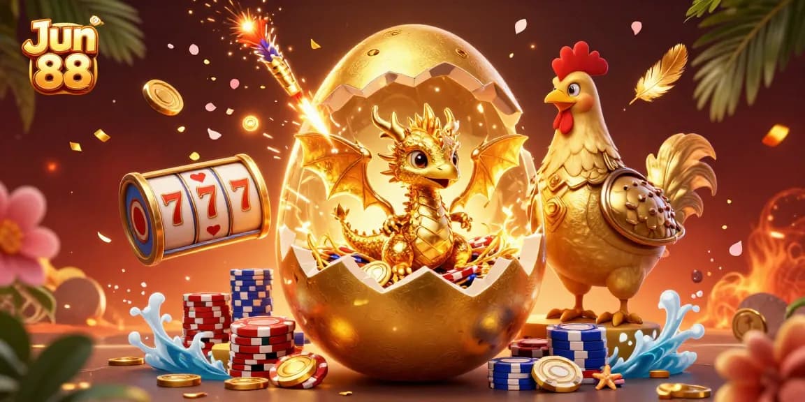 Engage with Jun 88's thrilling online slots and golden treasures in this vibrant digital illustration.