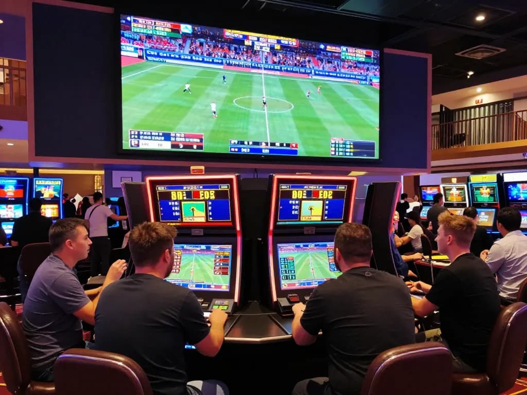Engaged players reviewing kèo nhà cái odds at sports betting kiosk in lively casino