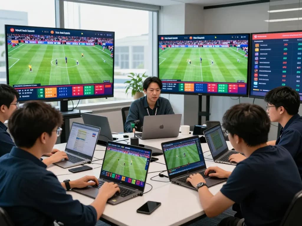 Live betting analysis with kèo đá banh updates in a modern sports office.