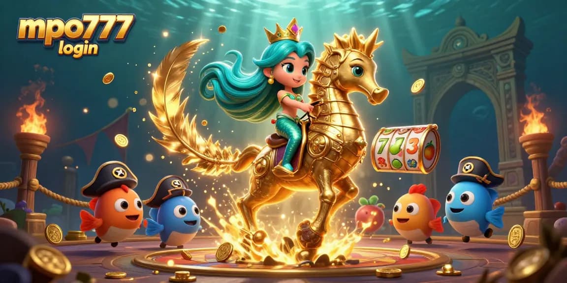 Experience mpo777 login with a vibrant 3D illustration of a mermaid and giant seahorse in a dynamic casino setting.