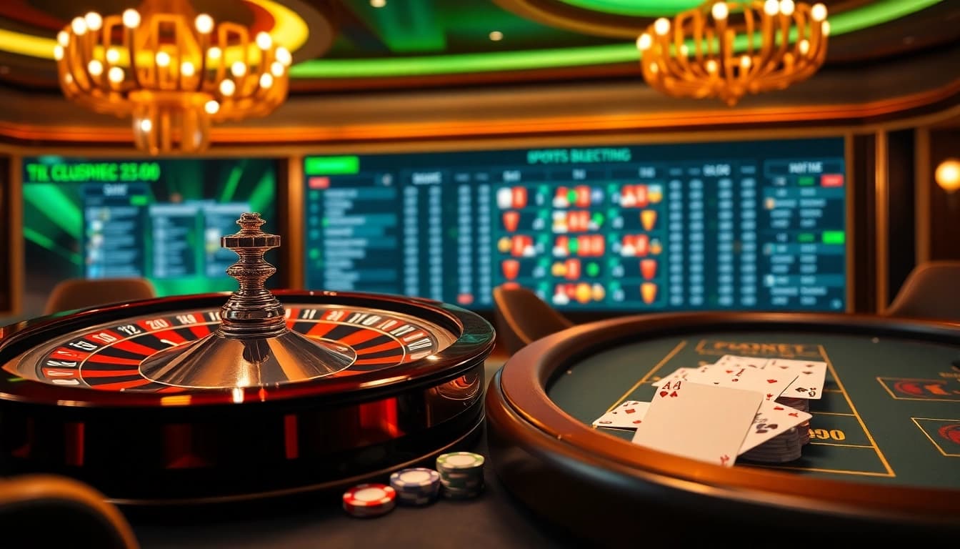Experience the thrill of online gambling at https://xx88.video/ with a luxurious casino scene showcasing roulette and poker.