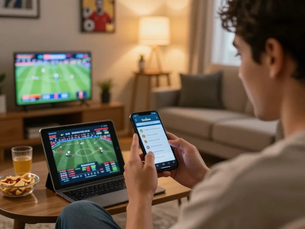 Socolive sports betting experience in a cozy home setting, showing excitement with mobile technology