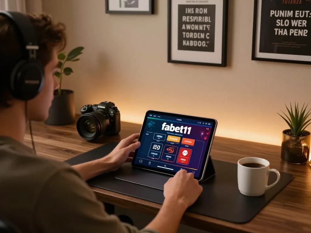 Player enjoying fabet11 casino app in a cozy gaming setup, promoting responsible gambling.