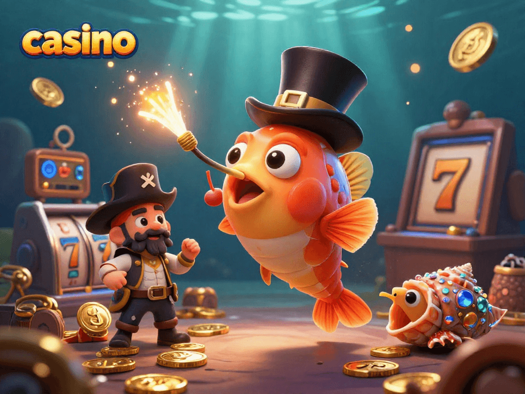 Attract golden coins in the vibrant casino scene featuring characters showcasing the thrilling online gaming experience.