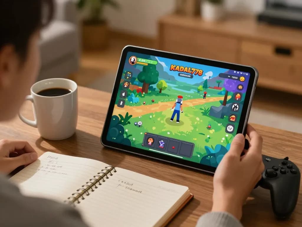 KADAL778 interactive gaming experience with player using tablet, showcasing engaging gameplay interface.