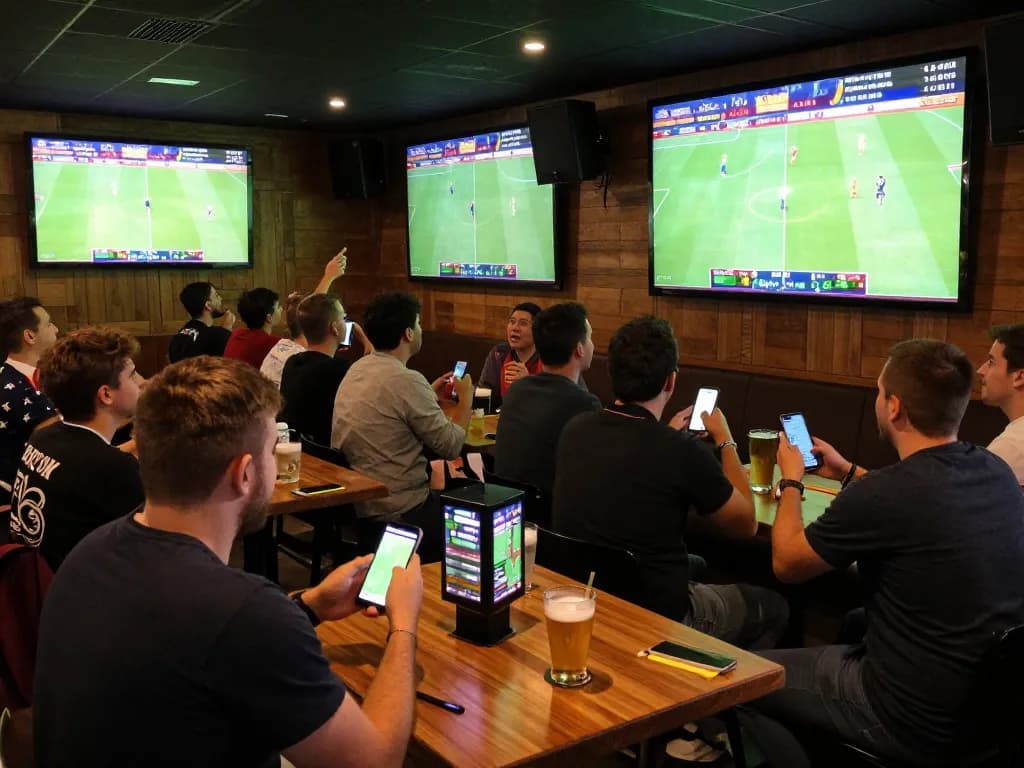 Engaging sports fans placing parlay bola bets on smartphones in a lively bar setting.