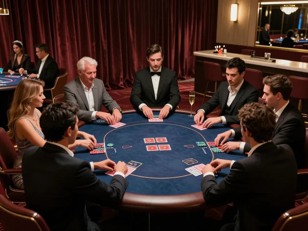 f8beta2 players engaging intensely at a high-roller poker table in an upscale casino setting