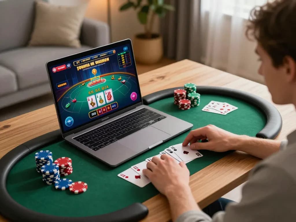 Engaging online gameplay showing 88new nhà cái poker action on laptop in a cozy home office