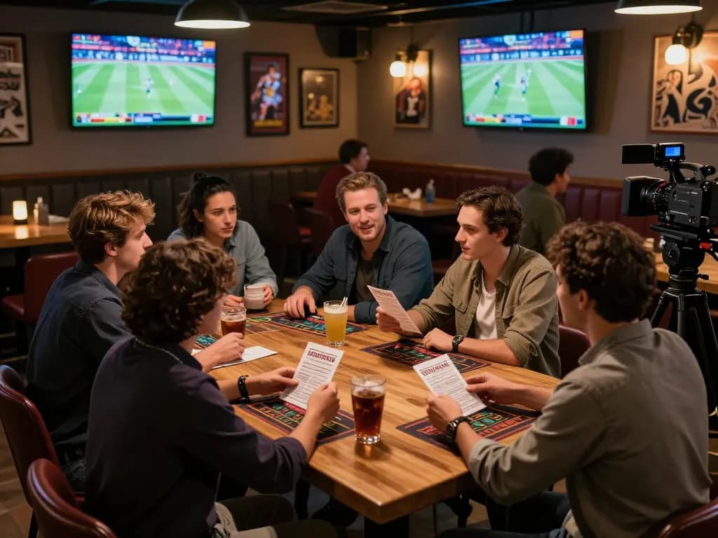 Friends celebrating as they place bets on debet sportsbook interface during live sports event.