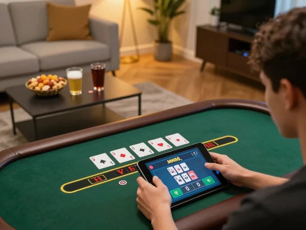 Playing live dealer blackjack on MM88.COM with a cozy home gaming setup.