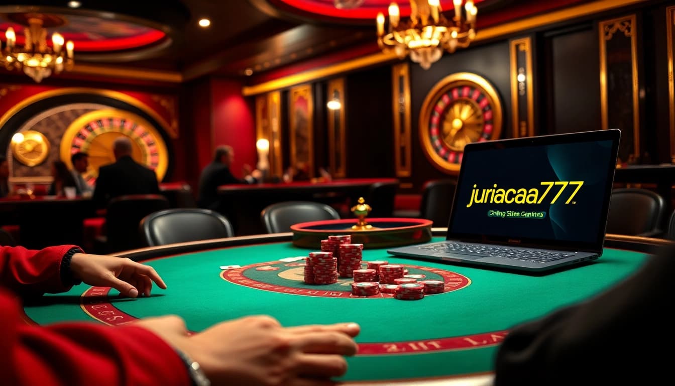 Exciting poker action at a luxurious casino showcasing juragan77 gameplay elements.