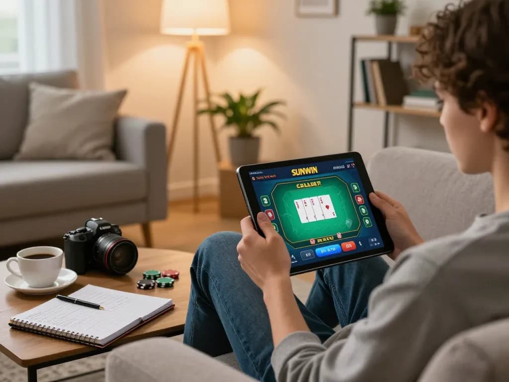 SUNWIN app gameplay on tablet in cozy home setting, showcasing poker strategy and comfort.