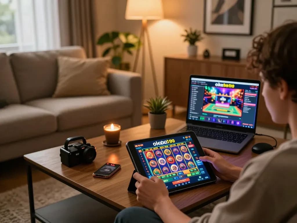 Terlibat dengan permainan slot okebet99 dalam pengaturan permainan di rumah yang nyaman, menunjukkan permainan yang bertanggung jawab.