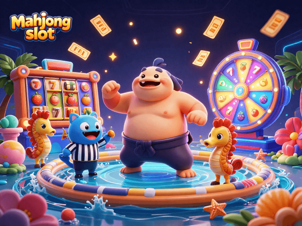 Engage in mahjong slot excitement with vibrant 3D cartoon characters amid colorful casino elements.
