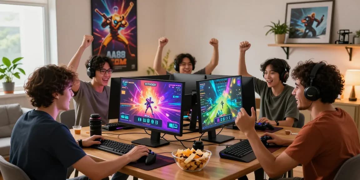 Friends celebrating a gaming win on the AA88 COM platform in a cozy living room.