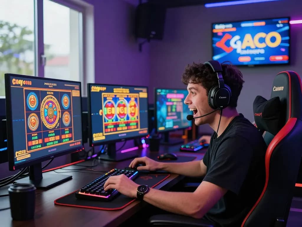 Engaging gamer focused on link gacor slot games at modern desk.