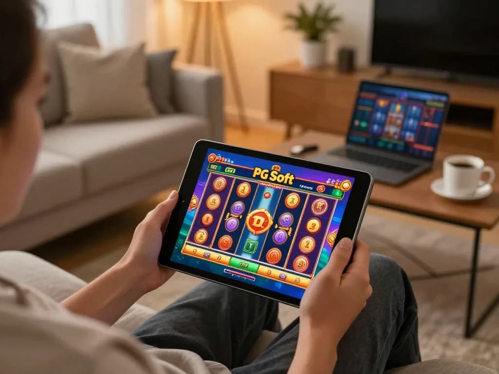 Terlibat dalam permainan slot PG Soft di tablet di ruang tamu yang nyaman.