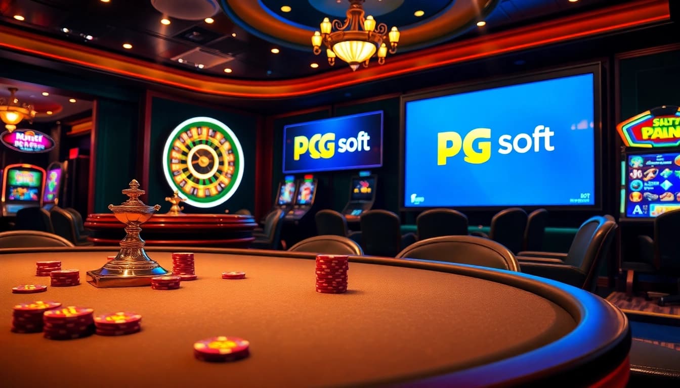 Experience demo pg soft gameplay at a luxury casino with vibrant slot machines and poker chips.