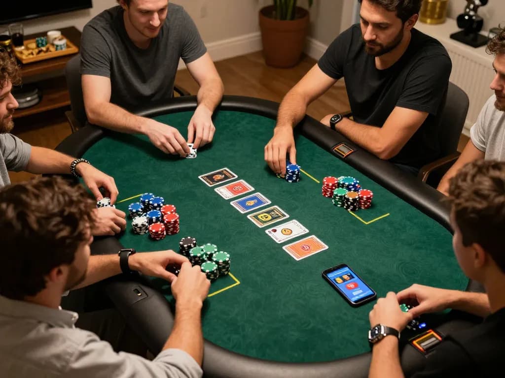 Permainan poker WOLES88 yang menyoroti strategi pemain dan chip berwarna-warni selama malam permainan di rumah.