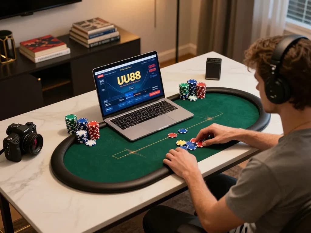 Player enjoying online poker game at UU88 with colorful chips and gaming strategy notes visible.