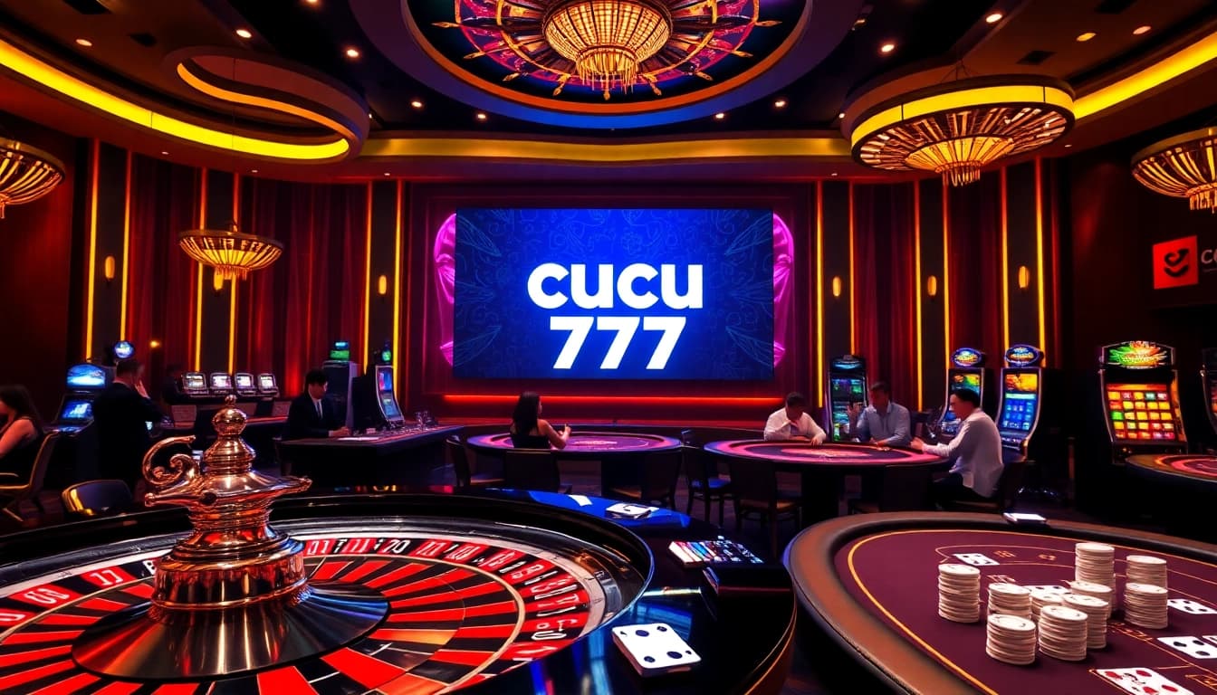 Experience the thrill of cucu 777 at a luxurious casino with vibrant gaming tables and roulette wheels.