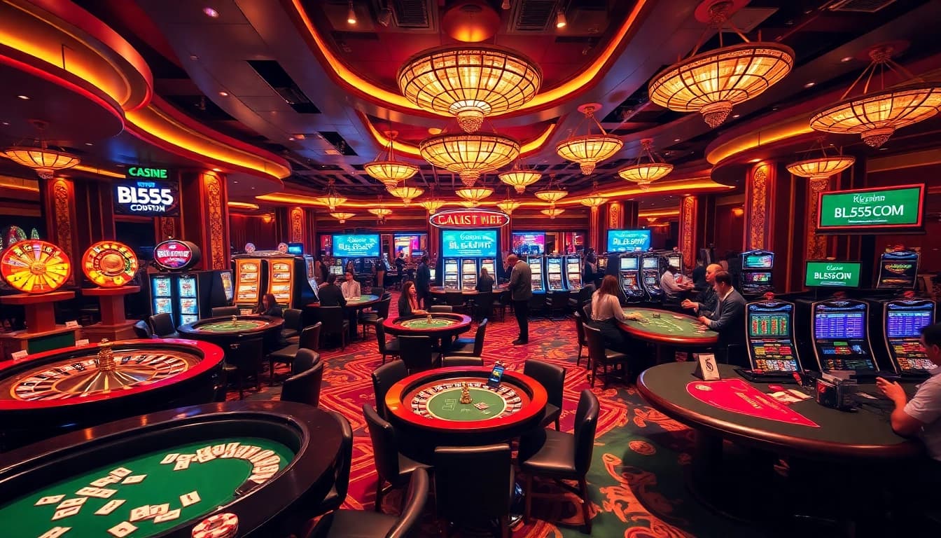 Players enjoying thrilling games at BL555 COM casino, featuring vibrant slots and roulette tables.