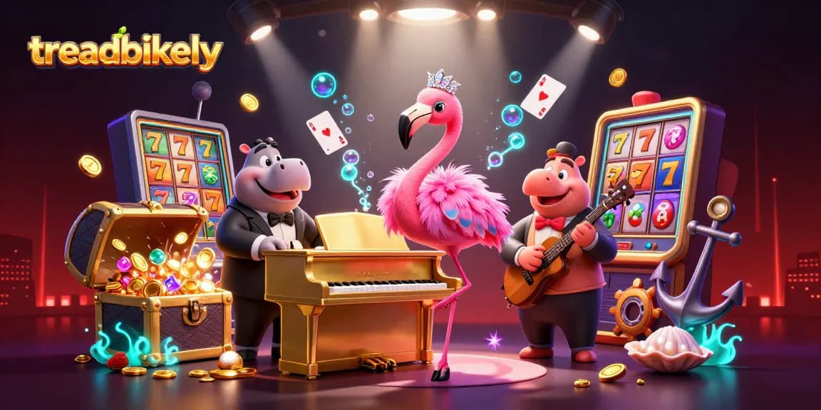 Experience winning moments with treadbikely's vibrant casino-themed illustration featuring dynamic characters and rich game elements.