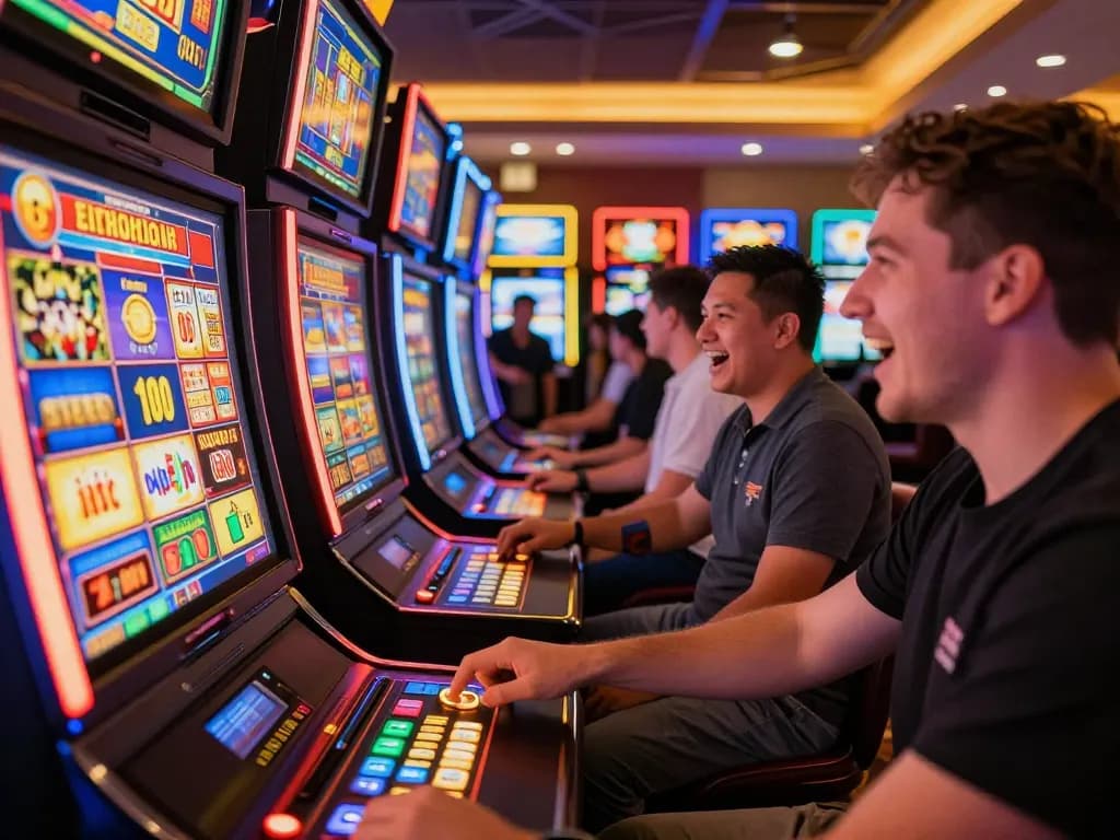 Players spinning slots at SV66 casino, showcasing excitement and vibrant gaming atmosphere.