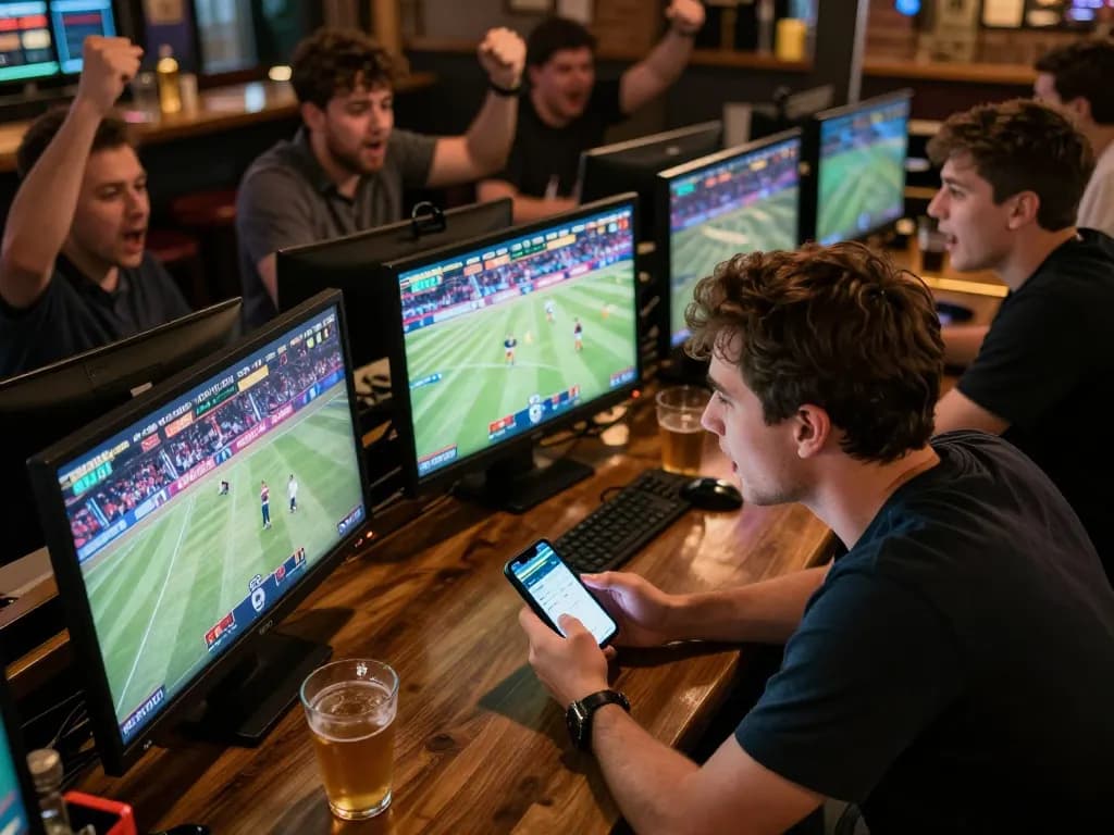 Experience live sports betting excitement with jun88pl at a vibrant bar scene with enthusiasts cheering.