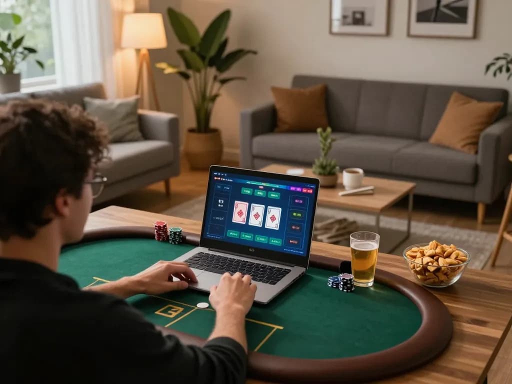 Player exploring 100vip online poker with cozy home setup and engaging interface.
