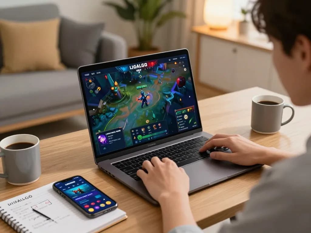 Engaged player enjoying LIGALGO online gaming on a sleek laptop with strategic notes.