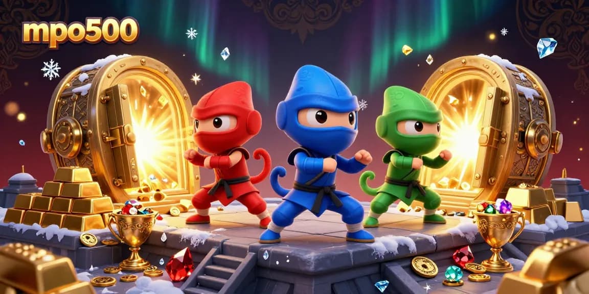 Engage in winning tactics at mpo500 with vivid chameleon ninjas amidst sparkling casino treasures.