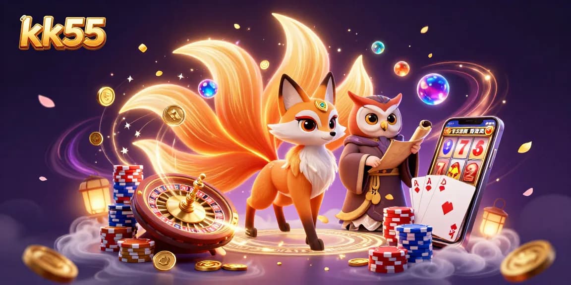kk55 captures the thrill of gaming with vibrant 3D characters, golden coins, and magical ambiance.
