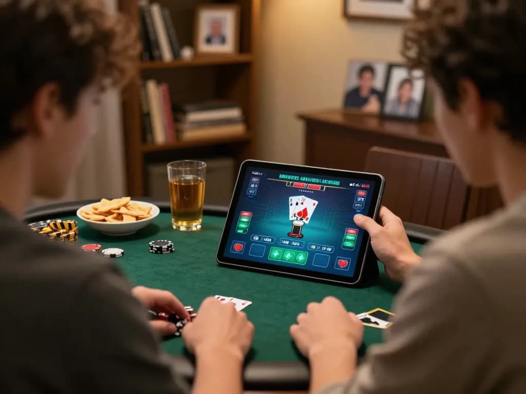 Player enjoying online poker with rwin on tablet in a cozy home setting