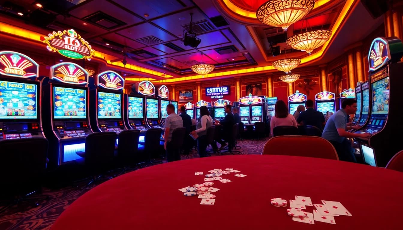 Situs Slot scene with players engaging at neon-lit slot machines in a vibrant casino.