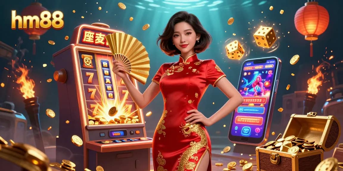 Experience the exciting slot game journey with hm88, featuring dynamic casino elements and a stunning character.
