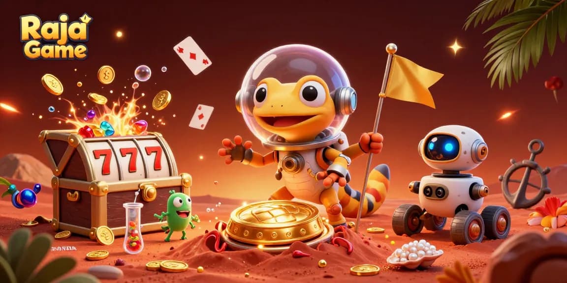 Experience thrilling action with Raja Game's Martian gecko uncovering riches in a vibrant alien casino.