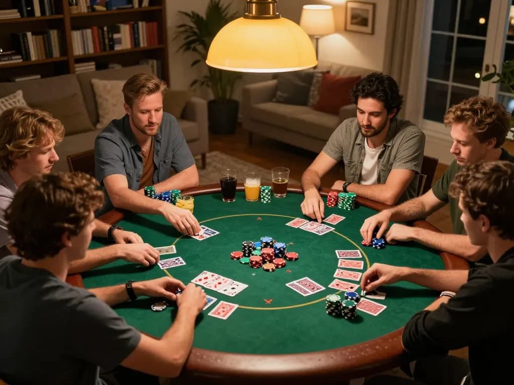 Friends enjoying a poker game at home, emphasizing camaraderie and strategy in gambling with 789winh.