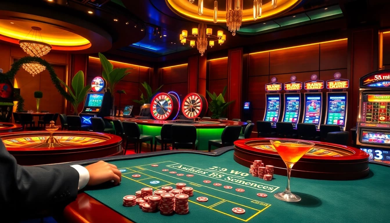 Exciting casino gaming scene with players enjoying 58win's blackjack and roulette tables.