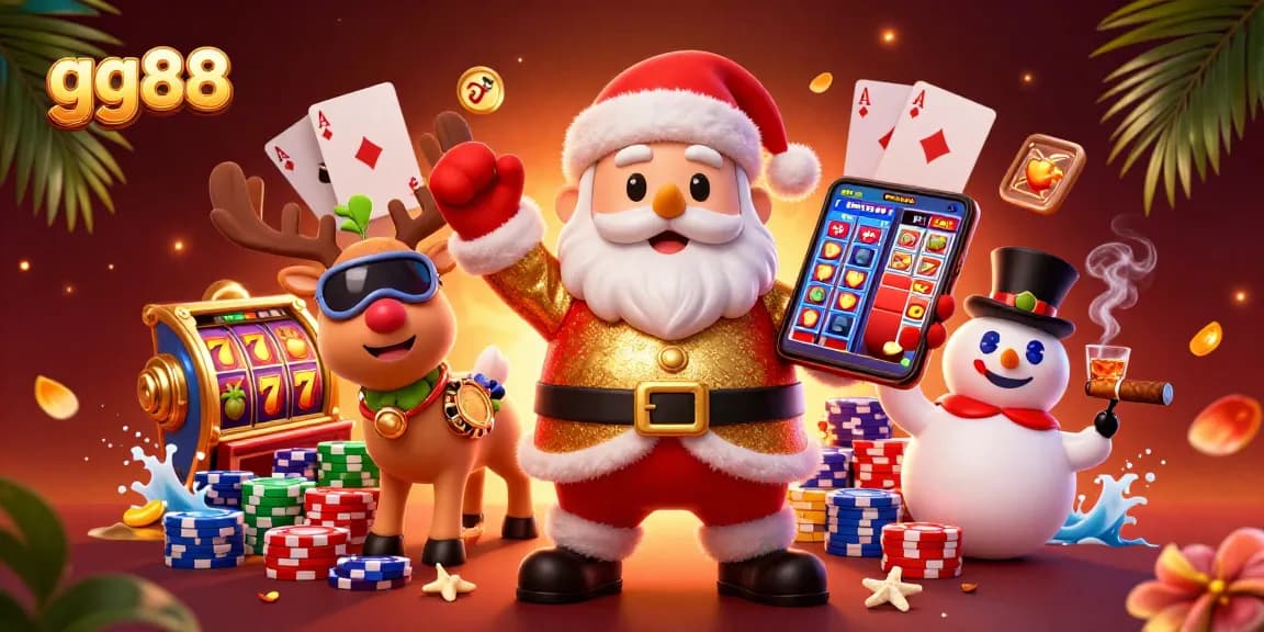 Experience thrilling jackpot action with gg88's vibrant casino illustration showcasing Santa and friends.