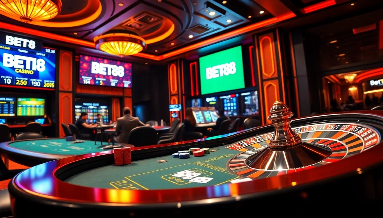 BET88 casino scene featuring engaged players at a high-stakes poker table with vibrant branding.