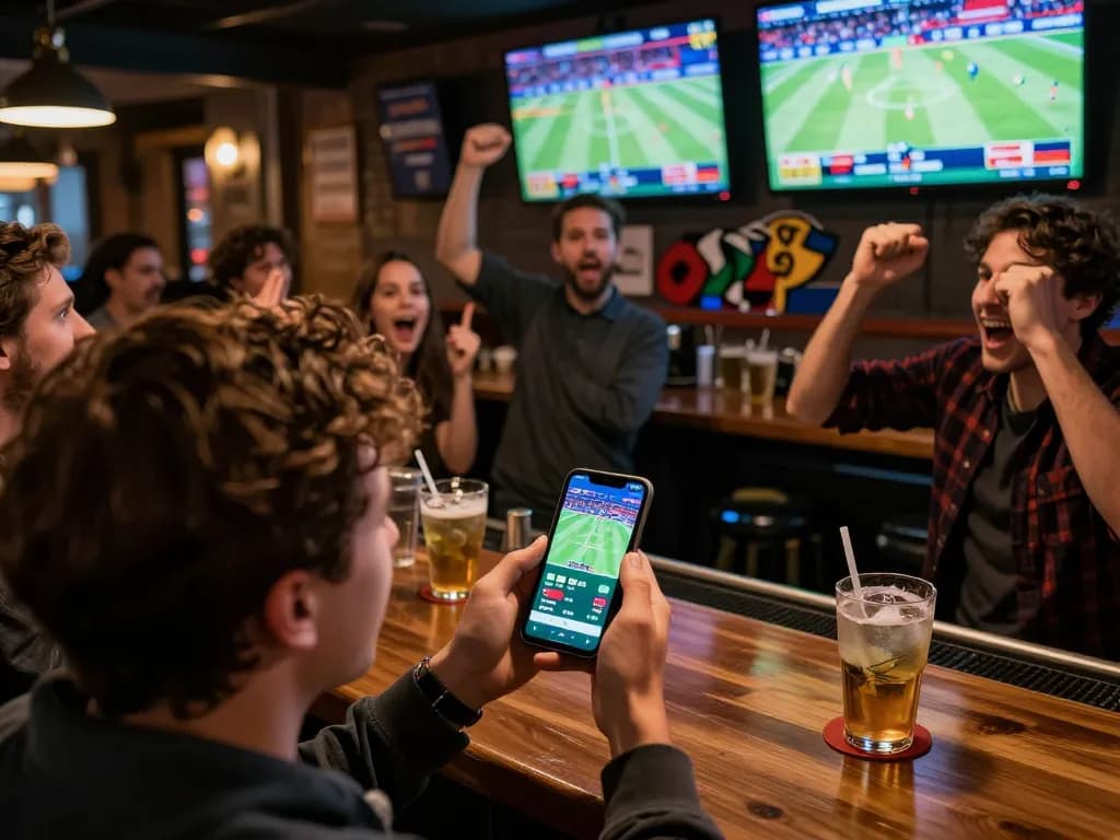 Person placing bets on Bsport app while enjoying a live sports event in a bustling bar.