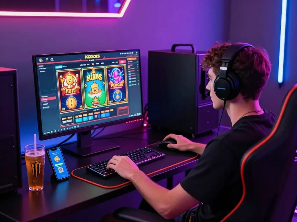 Engaging player enjoying the KDSLOT online gaming experience in a vibrant neon-lit room.