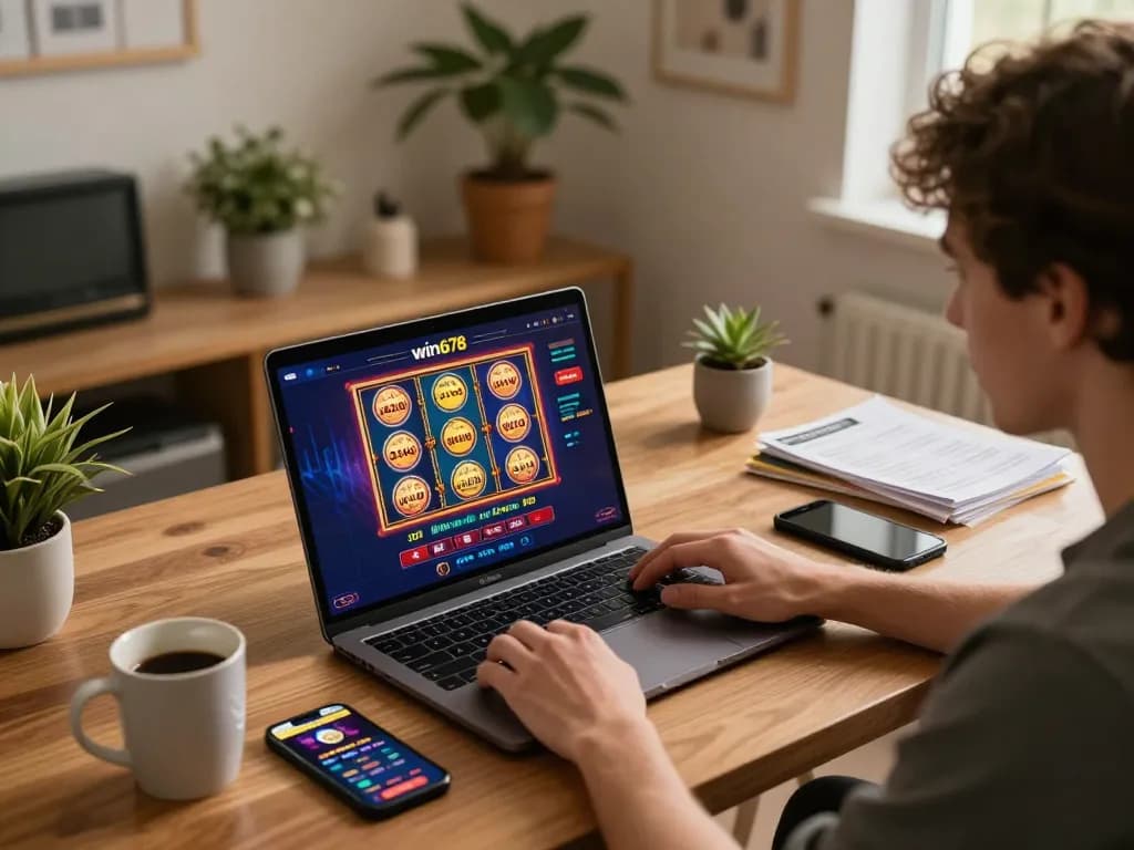 Engaging scene of player using win678 com on laptop for online casino, with strategy notes and gaming app visible.