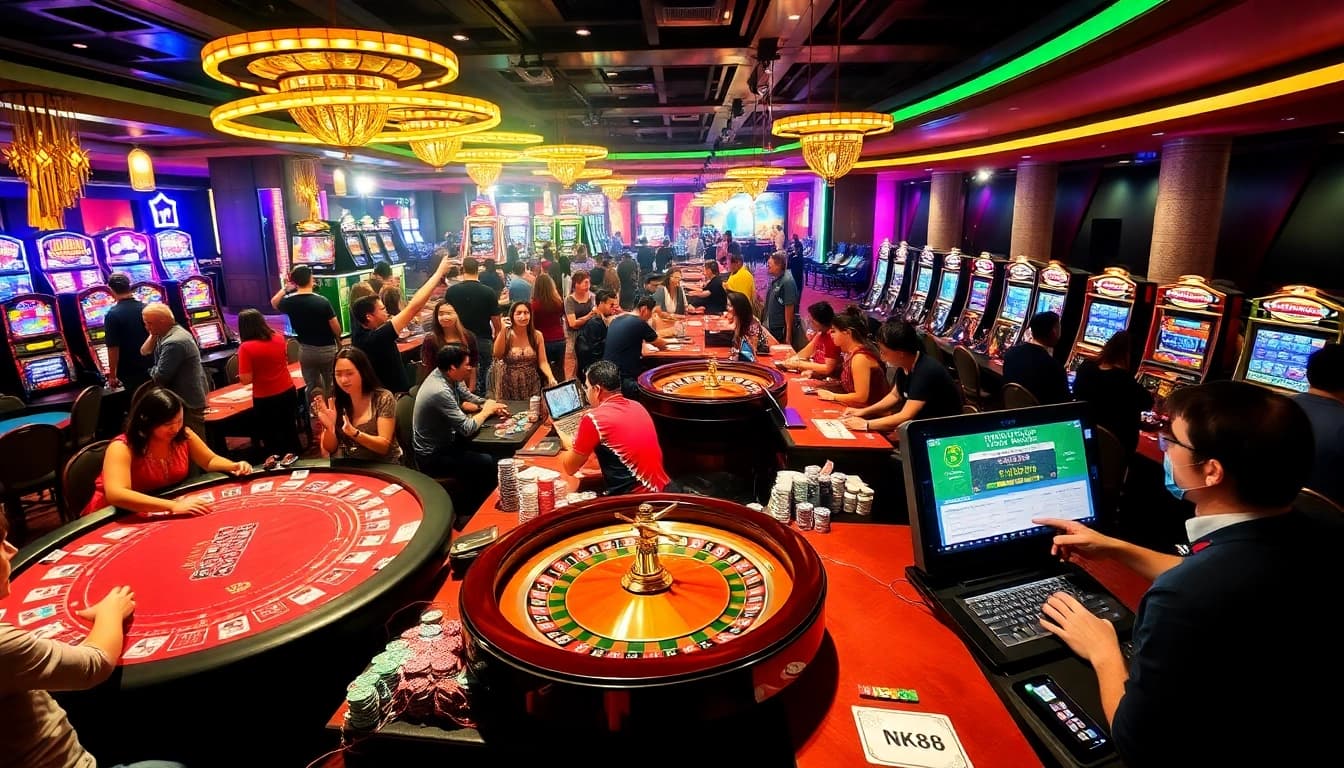 Nạp Tiền NK88 showcased in an exciting casino setting with vibrant gaming tables and celebratory players.